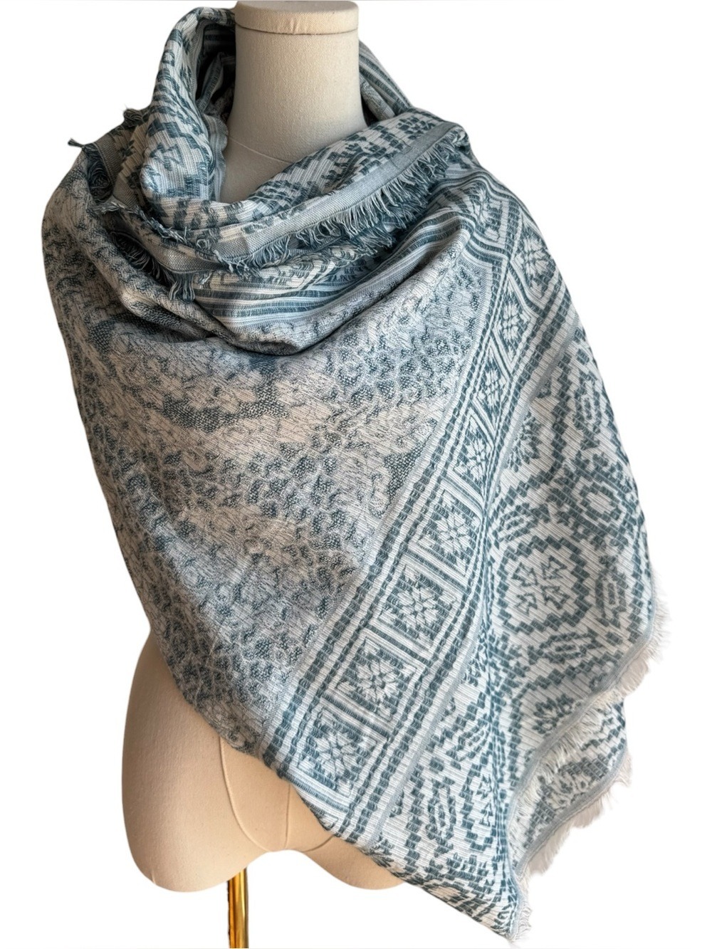 Aphorism Oversized Woven Blue Ivory Floral Medallion Fringe Scarf Shawl Wrap